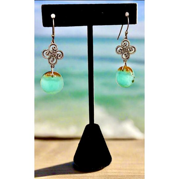 Green Brown Chrysoprase Round Dangle Sterling Silver Earrings 2” Long - Picture 6 of 7